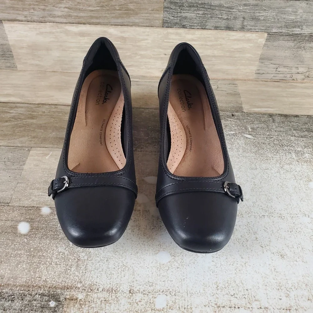 Clarks Marilyn Nora Womens Pump Sz 7 Black Leather Slip On Square Toe Block Heel